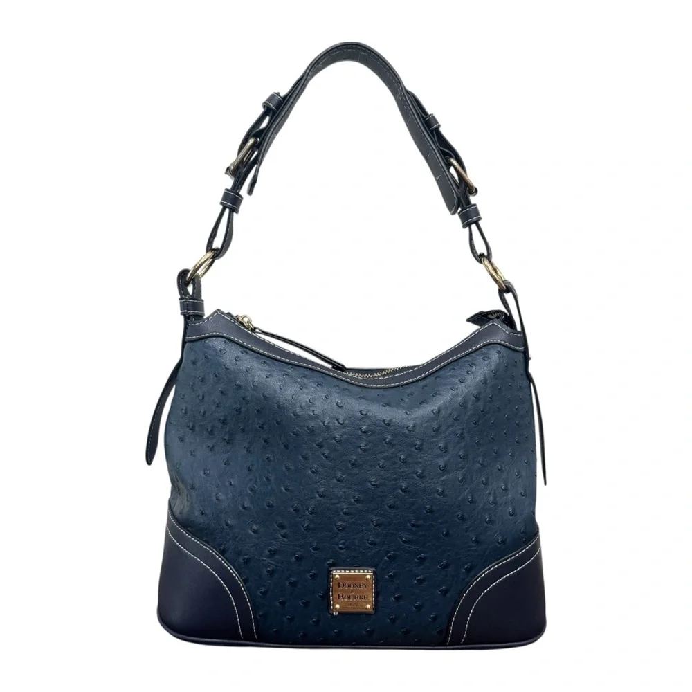 Dooney & Bourke Ostrich Embossed Leather Shoulder Bag Navy Blue Medium Purse - Picture 2 of 11